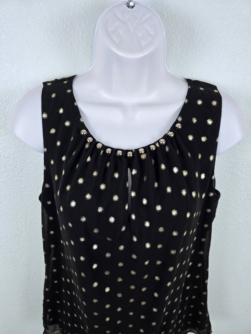 White House Black Market Black & Gold Metallic Polka Dot Embellished Blouse - S - Picture 6 of 16